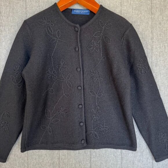 Karen Scott 100% Wool Black Embroidery Covered Button Front Cardigan Sweater - Picture 3 of 12